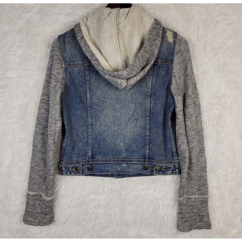 $168 We The Free People S/4 Small Denim Jean Hoodie Trucker Jacket Button Up EUC - Picture 3 of 7
